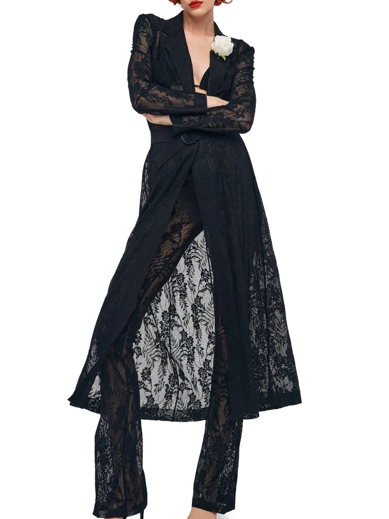 Norma Kamali Black Classic Single Breasted Lace Coat, Xxs